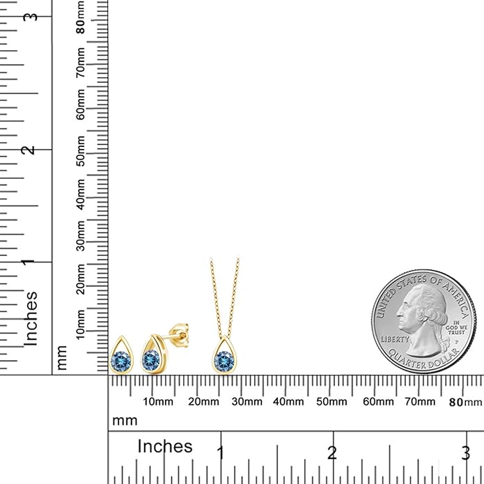 Gem Stone King 18K Yellow Gold Plated Silver 5MM Round Gemstone Birthstone Teardrop Pendant Earrings Set | Jewelry Set for Women | With 18 Inch Chain