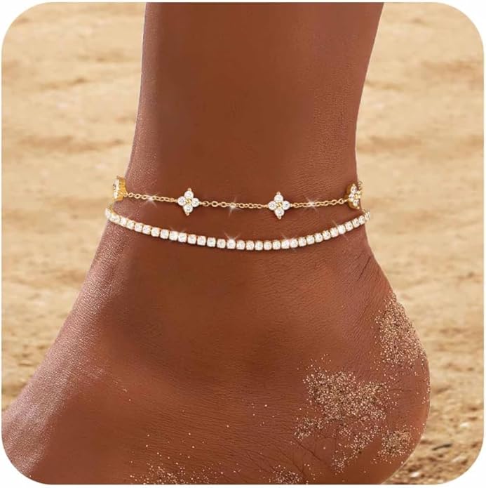 RLMOON Gold Anklets for Women CZ Ankle Bracelet 14K Gold/Silver Plated Waterproof Dainty Layered Tennis Heart Dot Chain Silver Anklets Trendy Foot Jewelry