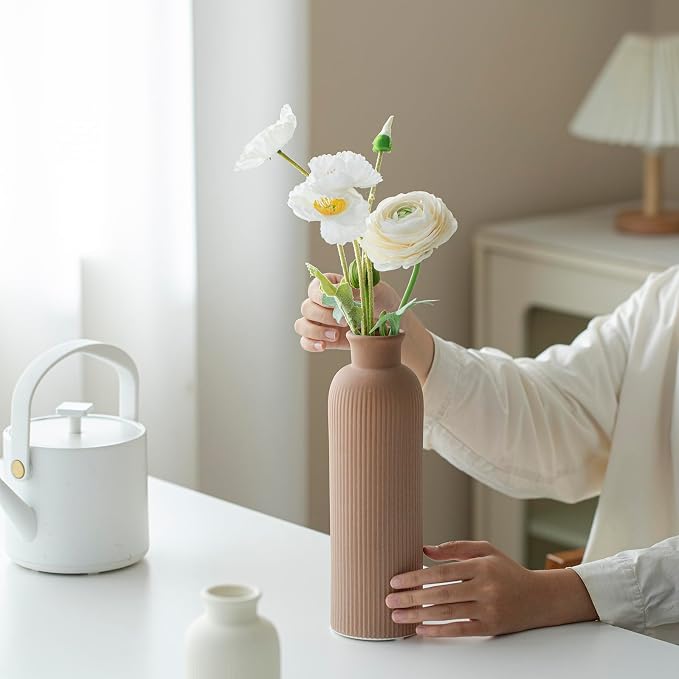 Modern Ceramic Vase Set, Earth Tone Natural Color Ribbed Matte Design, 3-Piece - Image 6