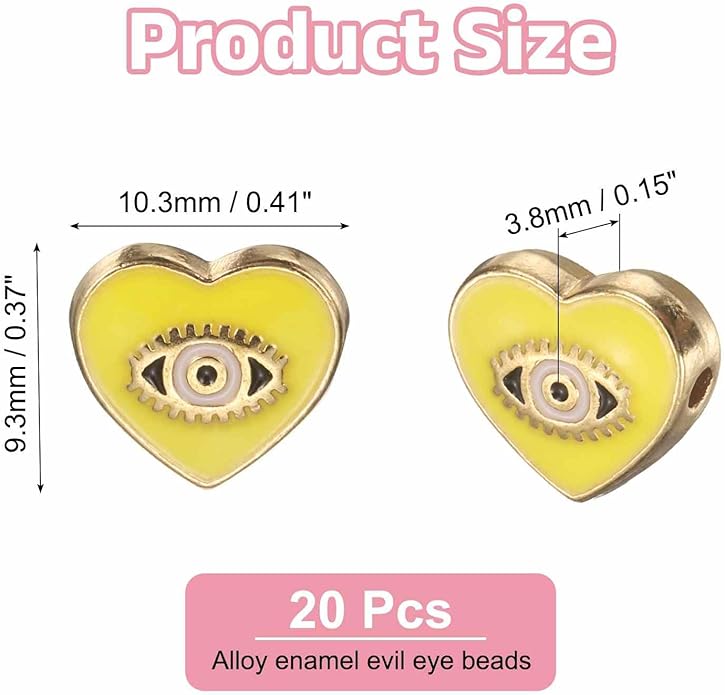 MECCANIXITY 20 Pcs Heart Evil Eye Beads Colorful Alloy Enamel Loose Spacer Charm Beads for DIY Bracelet Earrings Necklace Crafts Jewelry Making, Yellow