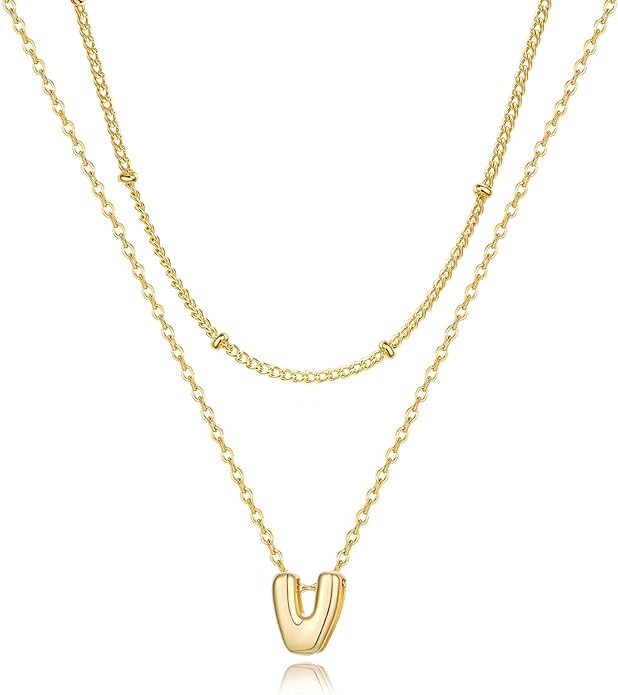 Valentines Day Gifts for Her - Bubble Letter Necklace Layered 14K Gold Plated Initial Necklaces for Women Dainty Cute Choker Pendant Stack Jewelry Fashion Accessories Teen Gift Trendy Stuff