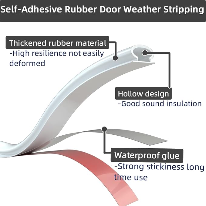ESUFEIR 49Feet Door Weather Stripping Door Seal Strip, Self-Adhesive Rubber - Image 4