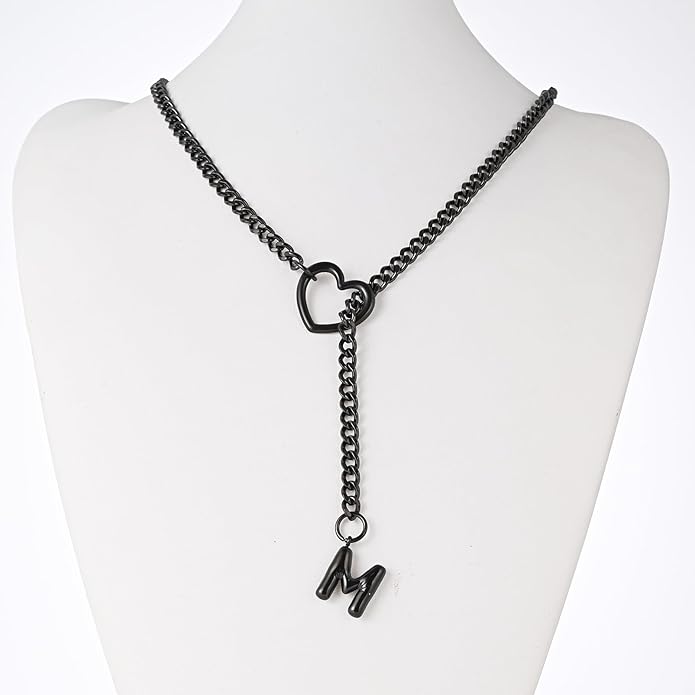 Black Heart Slip Chain Initial Necklaces for Women,Stainless Steel O-Ring Adjustable Lariat Heart Y-Necklace,Punk Gothic Cuban Collar Choker Necklace for women