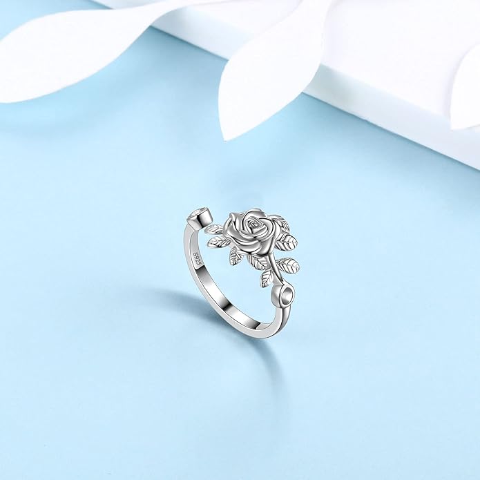 925 Sterling Silver Rose Flower Ring - Adjustable, Elegant Promise Ring for Women & Girls - Perfect for Birthday & Wedding Gifts