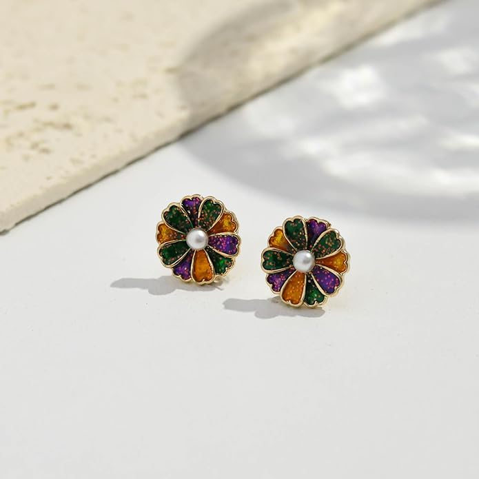 MardiGras Stud Earrings for Women Glitter Delicate Compact Flower Mask Hat Lips Stud Earring Charm Green Purple Gold Carnival Earring Cute MardiGras Jewelry Accessories for Women