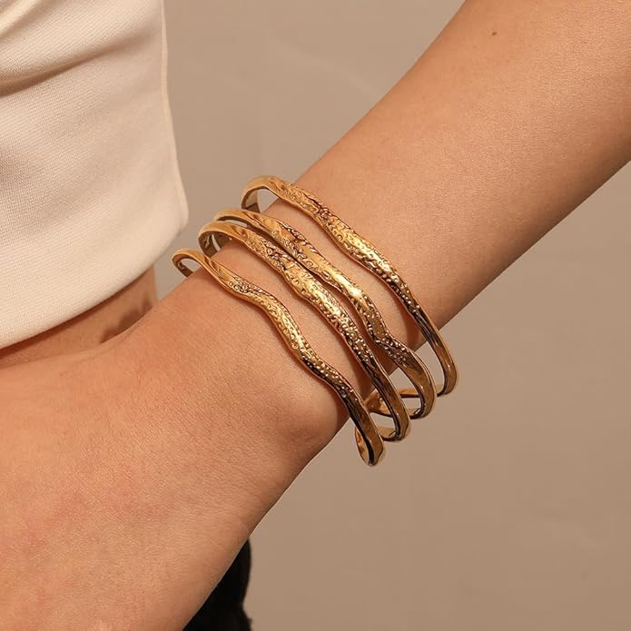 POTESSA 18K Gold Plated Cuff Bracelets Adjustable Dainty Bangle Handemade Jewelry for Women