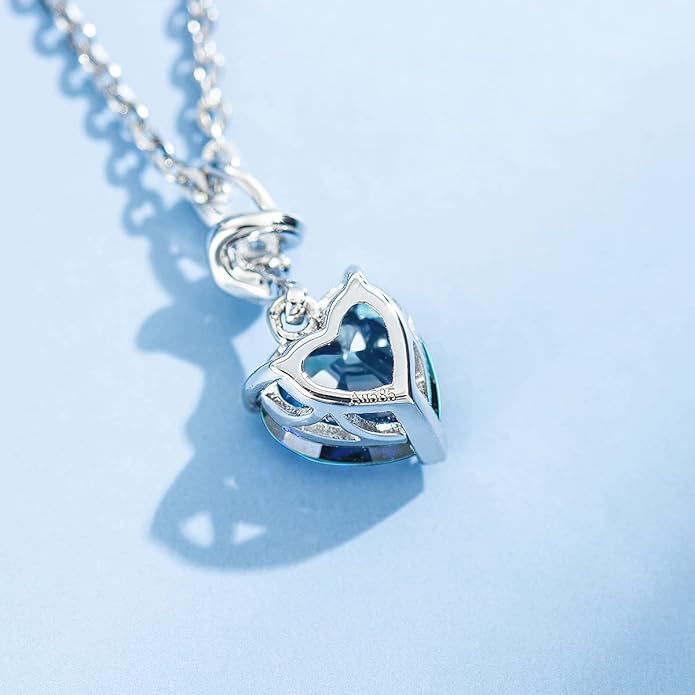 AGVANA Valentines Day Gifts 14K Solid White Gold Diamond Gemstone Pendant with Sterling Silver Chain 8mm Heart Birthstone Necklace Fine Jewelry Anniversary Birthday Gifts for Women Mom Wife