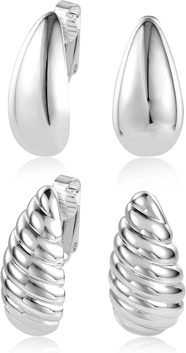 Teardrop Clip On Earrings Dupes Earring for Women Chunky Hoop Earrings Hypoallergenic Lightweight Dangle Water Drop Earring Set for Women