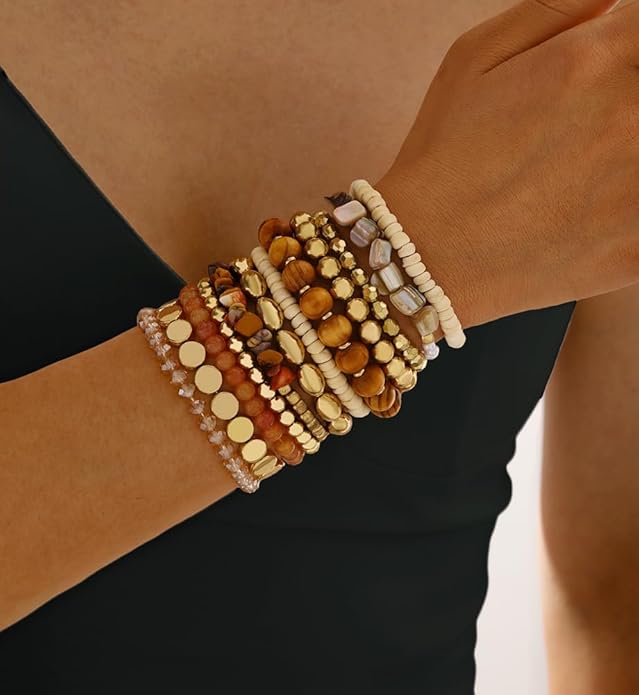iF YOU 12 Pcs Boho Beaded Bracelets for Women, Brown Orange Bohemian Stackable Gold Bead Stretch Bracelets Stack Jewelry Gift