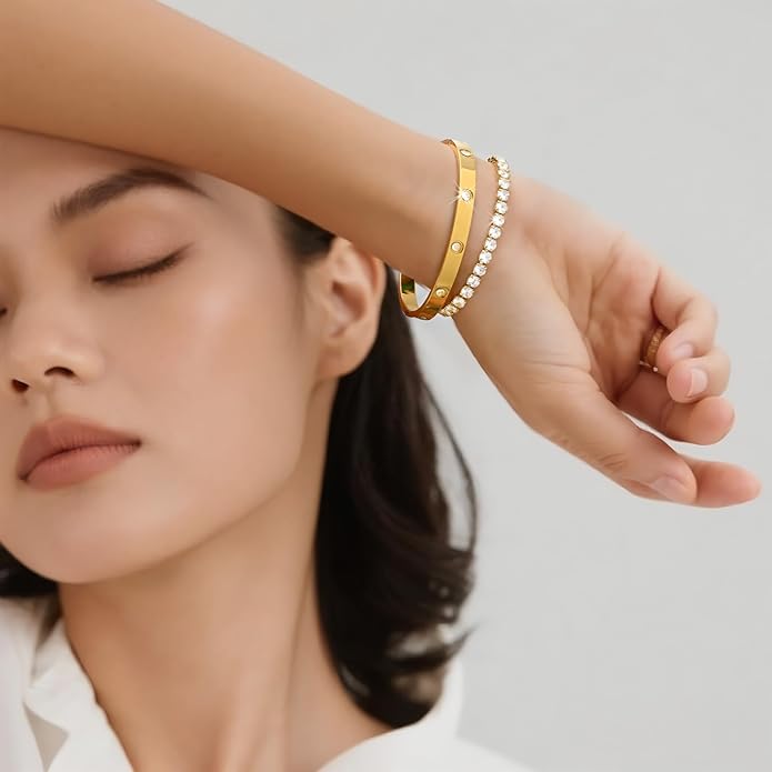 Stackable Gold Bracelets for Women - 2Pcs 18K Gold Plated Cubic Zirconia Bangle Bracelet Friendship Tennis Bracelet Stack Jewelry,Party Christmas Birthday Gifts for Her Girlfriend Sister Wife Daughter