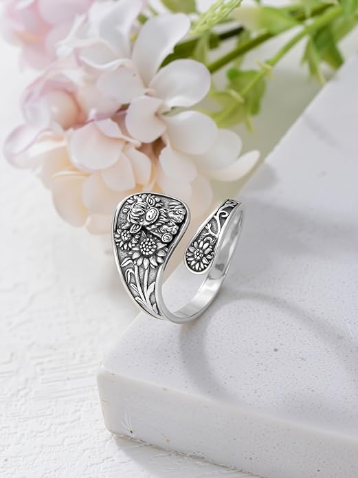 Midari Sun and Moon/Bee/Celtic/Life of Tree/Lotus Spoon Ring for Women 925 Sterling Silver Adjustable Ring Open Ring for Women Men Halloween Birthday Gift