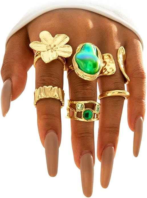 Gold Chunky Baroque Pearl Flower Rings Set,Hammered Open Adjustable Colorful Crystal Knuckle Finger Ring,Punk Party Jewelry Accessories Gift for Women