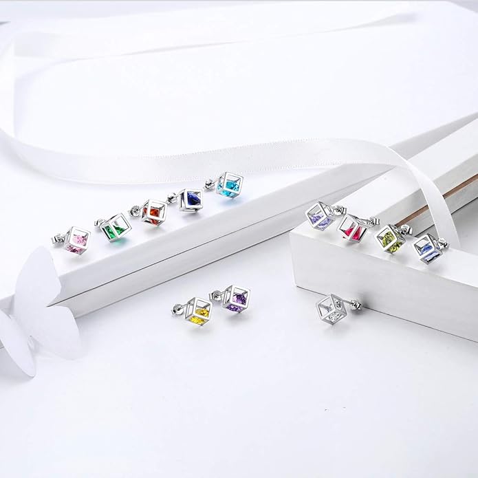 Aurora Tears Birthstone Necklace/Earring 925 Sterling Silver Women Cross/3D Cube/Cresent Moon Birth Stone Jewelry Mens Birthday Gift Anniversary Present
