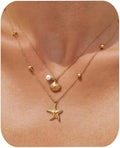 Gold Sea Shell Necklace Layered Charm Necklace for Women Boho Summer Seashell Beach Starfish Necklaces 14k Pearl Chain Surfer Jewelry Beach Vacation Essentials