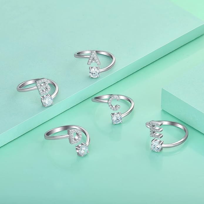 STARCHENIE Adjustable Initial Ring for Women 925 Sterling Silver Letters A-Z 26 Alphabet Rings Size 7