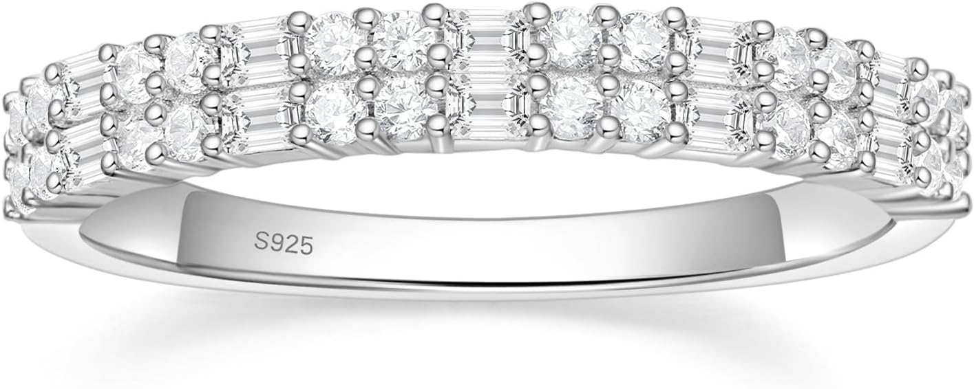 EAMTI 925 Sterling Silver Wedding Bands for Women Baguette Round Cubic Zirconia Stackable Promise Rings for Her Size 4-10