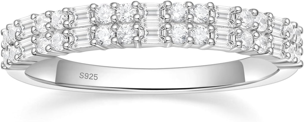 EAMTI 925 Sterling Silver Wedding Bands for Women Baguette Round Cubic Zirconia Stackable Promise Rings for Her Size 4-10