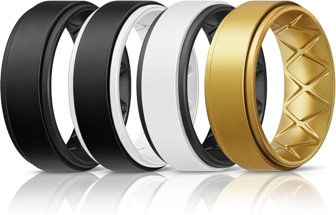 Egnaro Silicone Rings for Men 1/4/5/6/7 Multipack of Breathable Mens Silicone Rubber Wedding Rings Bands - Step Edge