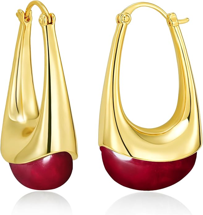 Long Oval Chunky Dangle 18K gold plated Hoops with Colored Resin Gemstone Statement Earrings for Women by SNGIA, (Green, Brown, Blue, Pink, White, Cream), Bold Drop Handmade Exaggerated Irregular Trendy Bohemian Jewelry Gifts, Unique Dangling Teardrop ...