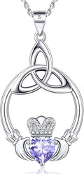 Gift Birthstone Necklaces for Women 925 Sterling Silver Irish Claddagh Necklace for Women Heart Birthstone Pendant Necklace Anniversary Birthday Gifts for Wife Lady Cable Chain 18"+2"