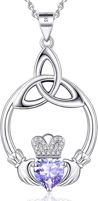 Gift Birthstone Necklaces for Women 925 Sterling Silver Irish Claddagh Necklace for Women Heart Birthstone Pendant Necklace Anniversary Birthday Gifts for Wife Lady Cable Chain 18"+2"