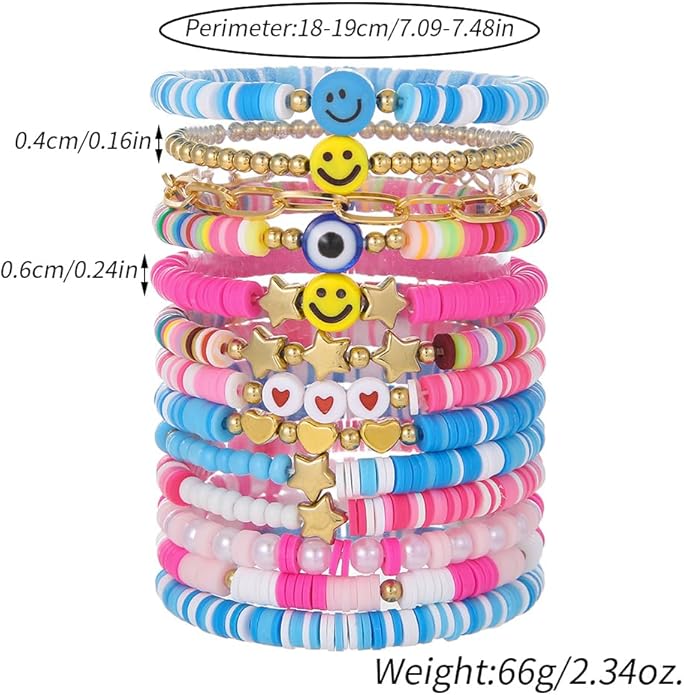 Friendship Bracelets Boho Stackable Bracelets for Women Surfer Heishi Clay Bead Bracelets Stretch Preppy Bracelets Colorful Boho Bracelets for Women
