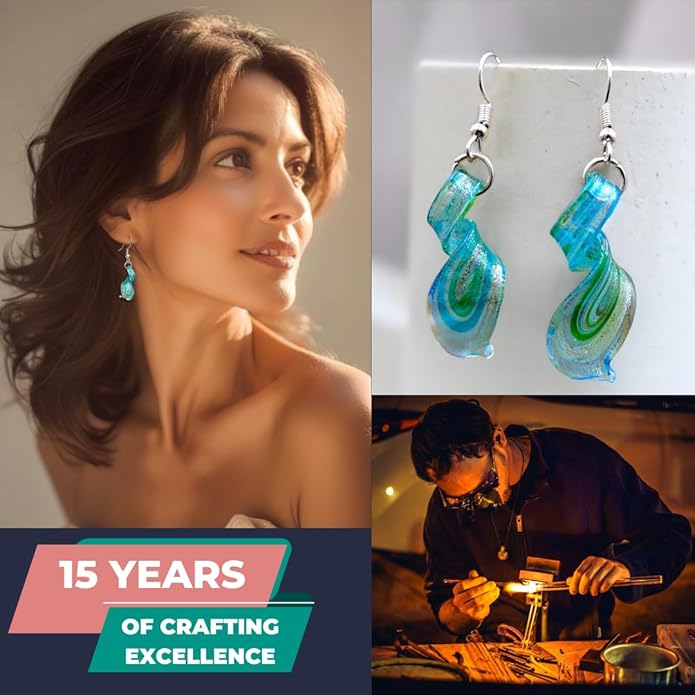 Handmade Murano Inspired Gorgeous Artist Made Twist Blue Glass Earrings Handcrafted Blown Hypoallergenic Artisan Lampwork Italian Style Jewelry Aqua