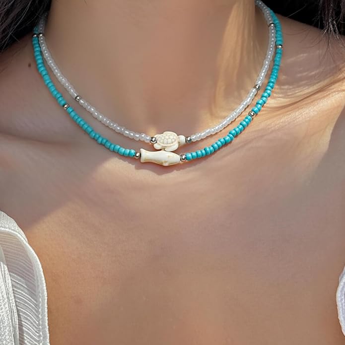 Women's Shell Starfish Boho Layered Beaded Necklace Choker for Summer Beach Vacation Gifts for Birthday/Anniversary/Christmas