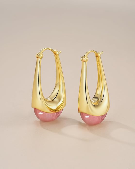 Long Oval Chunky Dangle 18K gold plated Hoops with Colored Resin Gemstone Statement Earrings for Women by SNGIA, (Green, Brown, Blue, Pink, White, Cream), Bold Drop Handmade Exaggerated Irregular Trendy Bohemian Jewelry Gifts, Unique Dangling Teardrop ...