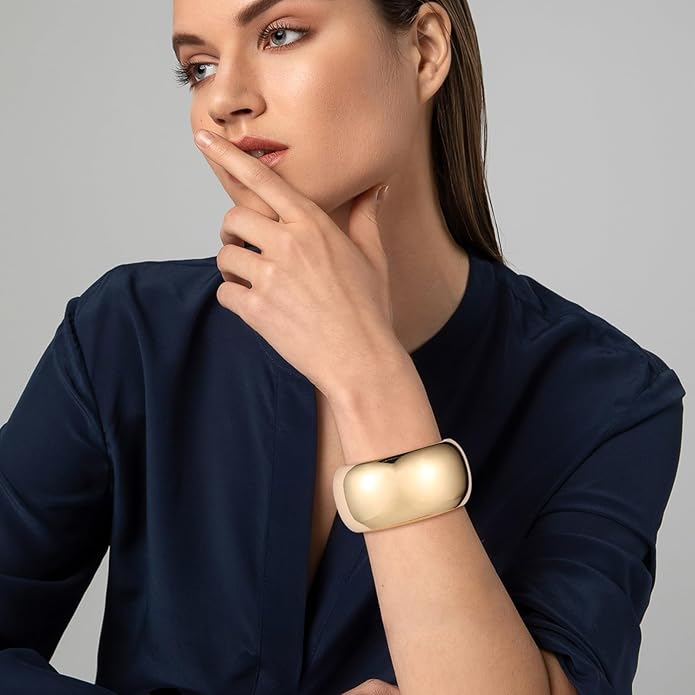 HZMAN 18K Gold Plated Wide Cuff Bracelet for Women - Premium Alloy Shiny Polished Double Layer Statement Bangle, Trendy Daily Wear Party Jewelry Accessory