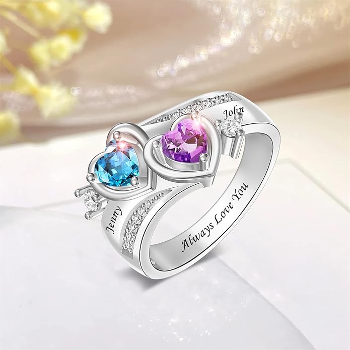 Personalized Heart Birthstone Rings for Women with 2 Birthstones Custom Name Rings for Couple Mother Daughter Jewelry Gift for Mother Her Christmas