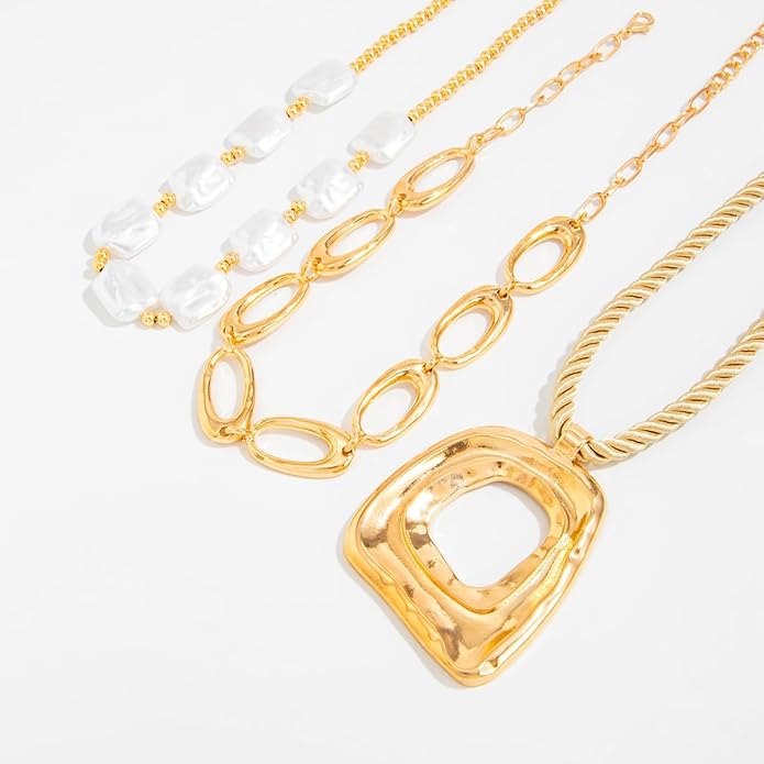 PLOUTOS Statement Modern Geometric Hollow Square Pendant Rope Chain Necklace for Women Bold Fashion Layering Collarbone Jewelry Party Wear Accessory