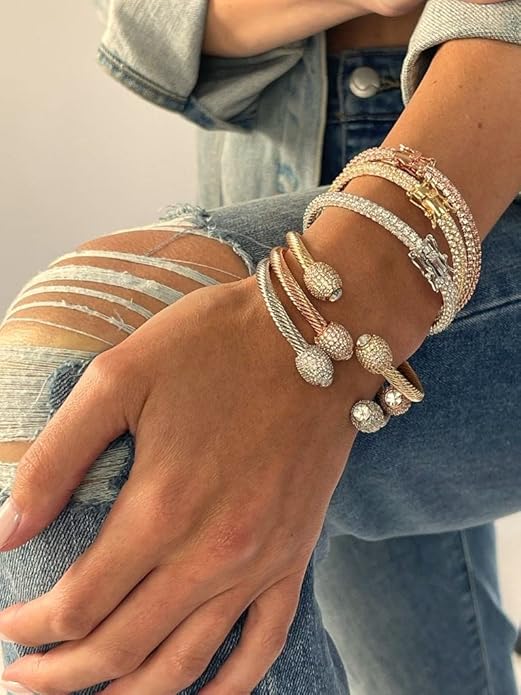 Barzel 18K Gold Plated Crystal Cable Bangle Bracelet For Women - Cuff Bangle Bracelet