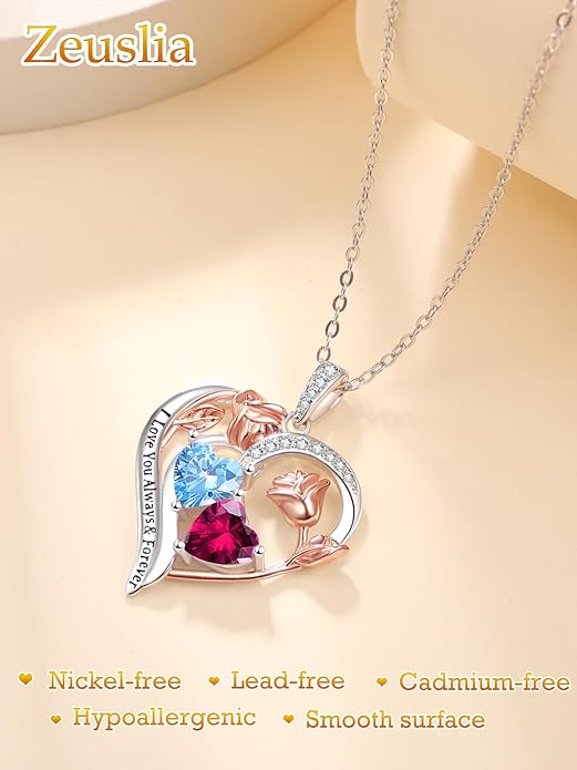 Valentine's Day Gifts for Wife 925 Sterling Silver Double Birthstone Pendant Necklaces I Love You for Always and Forever Necklace Anniversary Birthday Gifts for Wife Girlfriend Mom Her