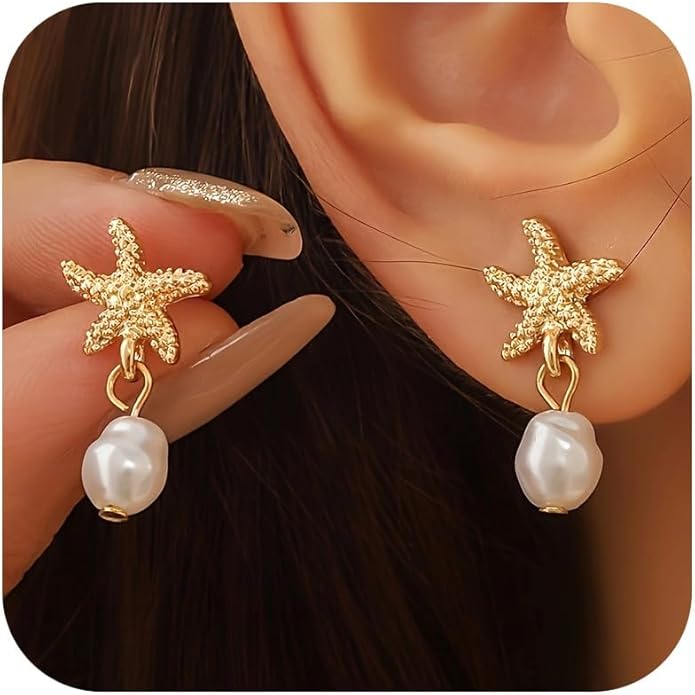 Seashell Starfish Earrings Beach Jewelry for Women Pearl Drop Shell Earrings Ocean Beachy Fashion Accessories Womens Summer Outfits 2026 Tropical Vacation Outfits Beach Vacation Clothes Dresses