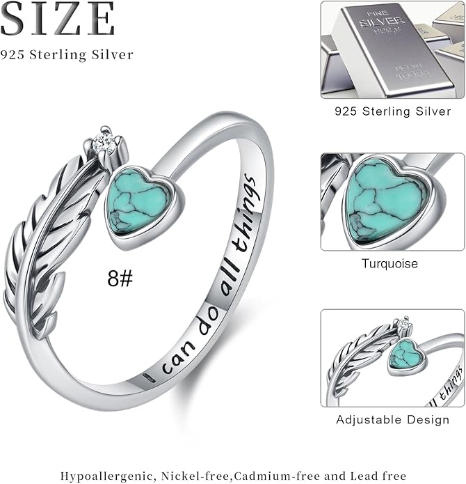 Turquoise/Moss Agate/Moonstone/Black Onyx/Lapis Lazuli/Labradorite/Tiger Eye Feather Ring 925 Sterling Silver Adjustable Ring Western Thumb Rings Vintage Jewelry Gifts for Women