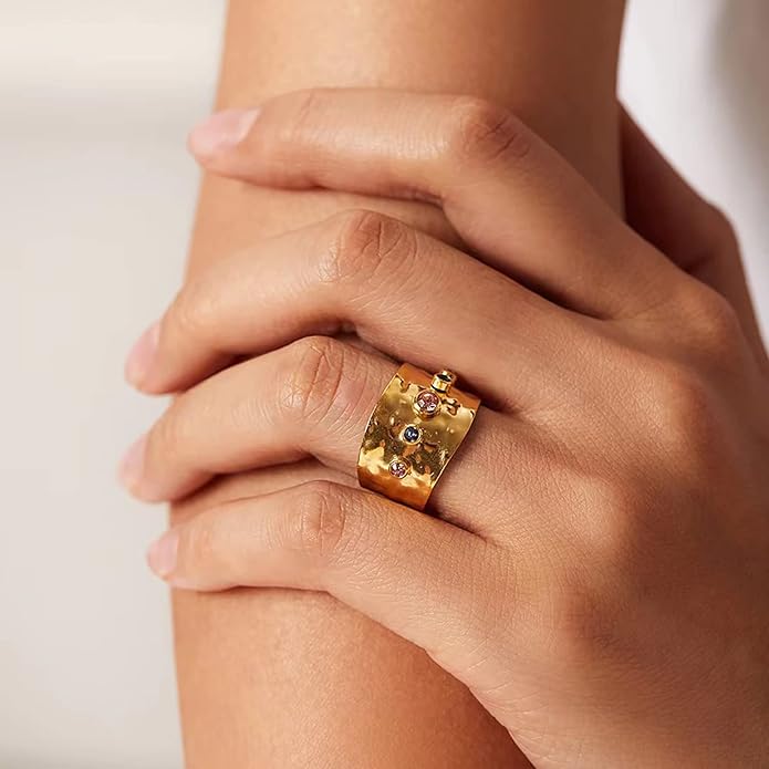 18K Gold Plated Wide Rings,Zirconia Stainless Steel Adjustable Rings for Women,Fashion Jewelry for Women