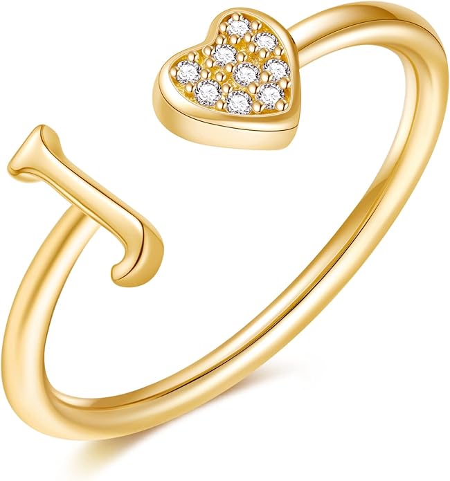 Valentines Day Gift Initial Rings for Teen Girls - S925 Heart Sterling Silver Rings for Teen Girls | 14K Gold/Rose Gold/Sterling Silver Plated Ring for Girls Kids Women Ring for Teenager Girls Gifts Adjustable, No Tarnish, Hypoallergenic