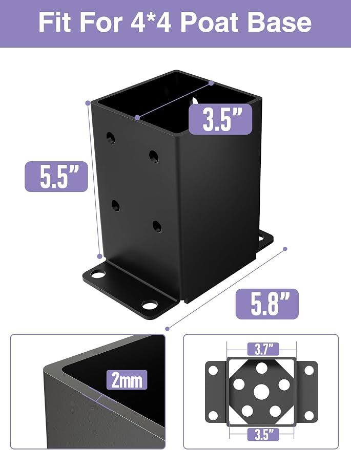 4 PCS Metal 4x4 Post Base, Inner Size 3.5"x3.5" Post Bracket - Image 3
