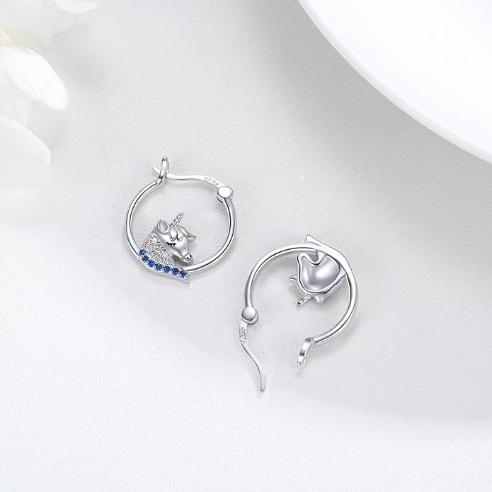 JUSTKIDSTOY Hypoallergenic Panda/Unicorn/Hummingbird/Dolphin Hoop Earrings for Women 925 Sterling Silver Animal Huggie Hoop Earrings Jewelry Gifts for Sensitive Ears