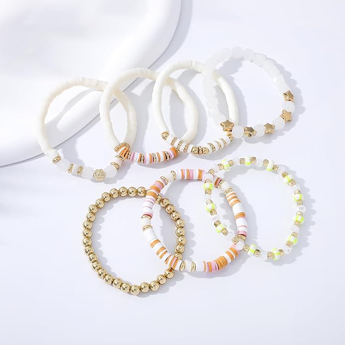 GOOJIDS Surfer Heishi Clay Bead Bracelets for Women Bohemian Stackable Gold Plated Beaded Stretch Bracelets Elastic Layering Friendship Bracelets Set Boho Jewelry
