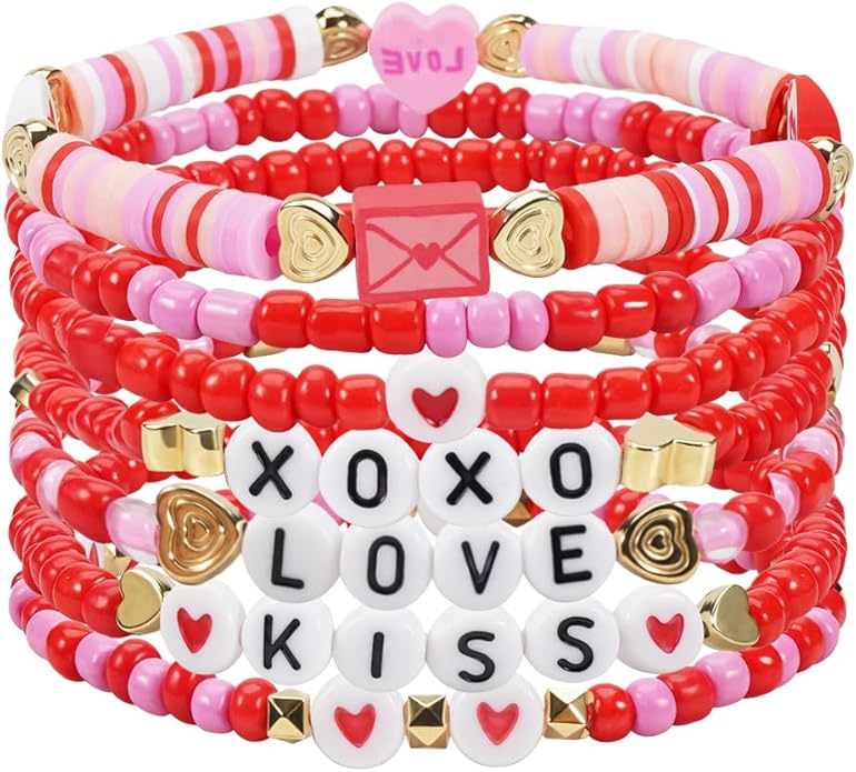 Beaded Bracelet for Women Pink Love Heart Stretch Bracelets Accessories