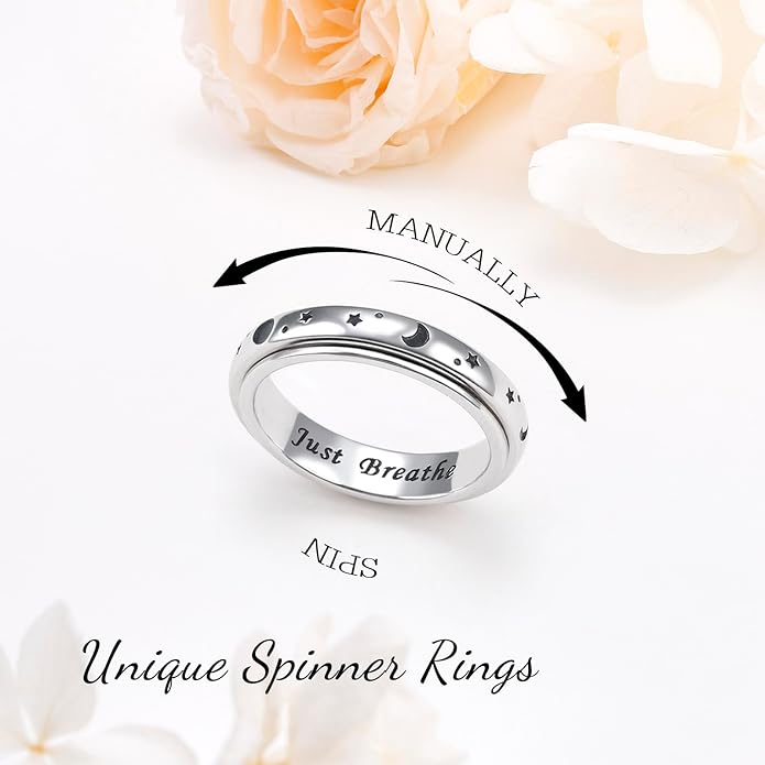 Ladytree Anxiety Relieve Rings 925 Sterling Silver Spinner Fidget Ring Worry Stress Relieving Boredom ADHD Autism Ring Platinum Plated Jewelry Birthday Gifts for Women Men