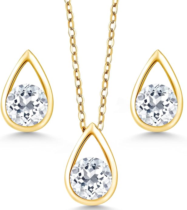 Gem Stone King 18K Yellow Gold Plated Silver 5MM Round Gemstone Birthstone Teardrop Pendant Earrings Set | Jewelry Set for Women | With 18 Inch Chain