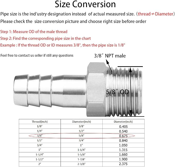 Stainless Steel Hose Barb Fitting 5/16" Hose Barb to 3/8" NPT Male Thread - Image 2