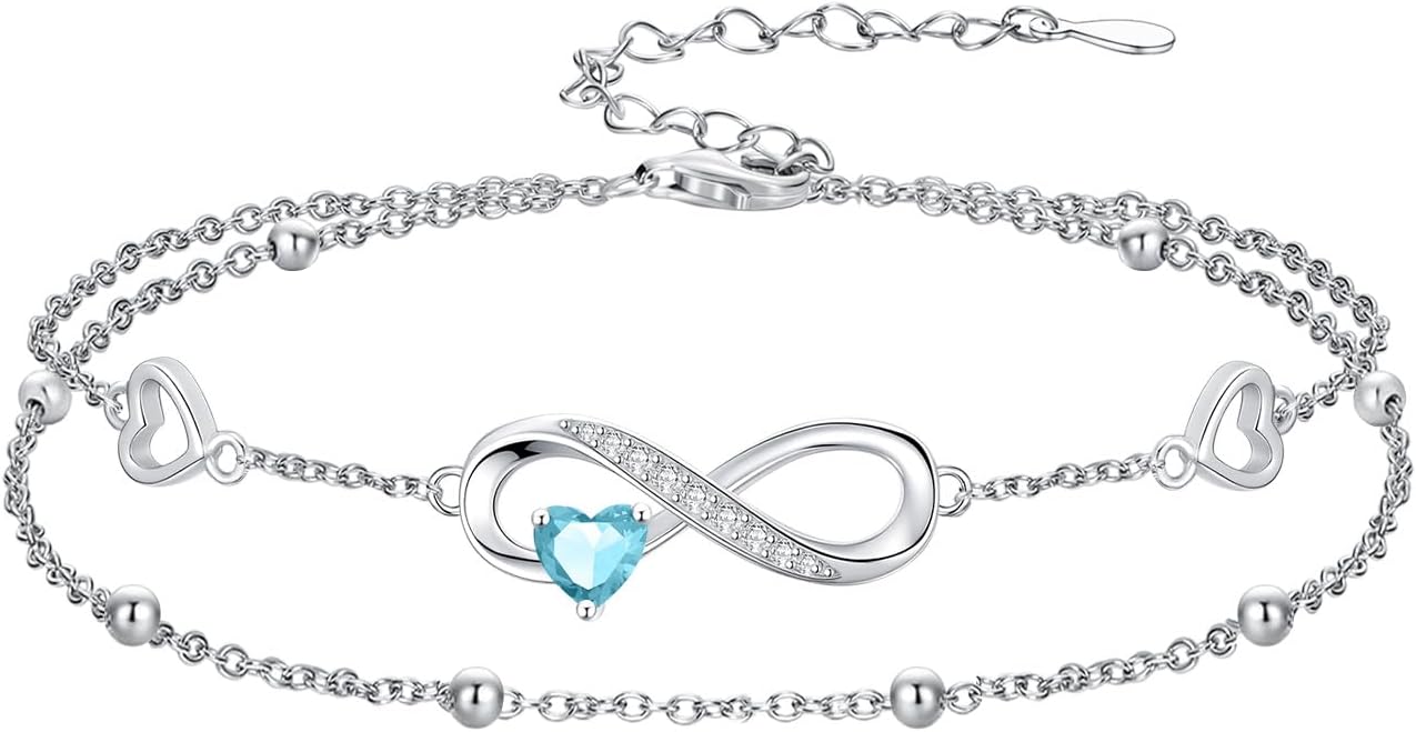 Dorunmo Infinity Heart Anklet Bracelet for Women 925 Sterling Silver Adjustable Infinity Birthstone Bracelet Friendship Jewelry Gifts for Women Birthday Christmas