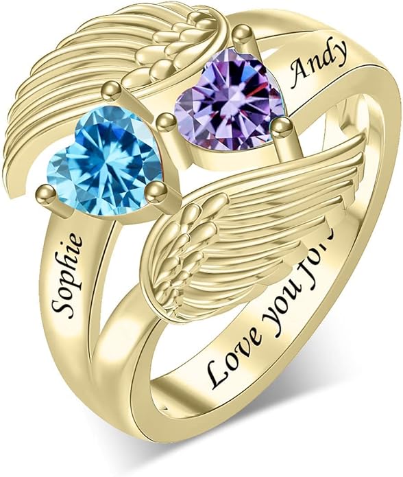 Personalized Heart Birthstone Rings for Women with 2 Birthstones Custom Name Rings for Couple Mother Daughter Jewelry Gift for Mother Her Christmas