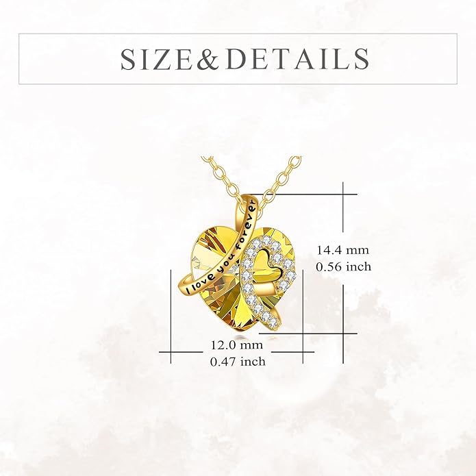 KECHO 14K Real Gold I Love You Forever Necklace Solid Yellow Gold Heart Birthstone Crystal Pendant Jewelry Birthday Mother's Day Anniversary Christmas Gifts for Women