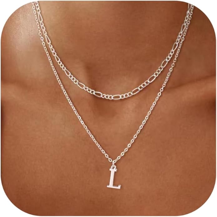 Initial Necklaces for Women Dainty Gold Silver Layered Letter Pendant Necklace Cute Figaro Chain Choker Necklace Personalized Trendy Stuff Jewelry Stack Gift for Women Her