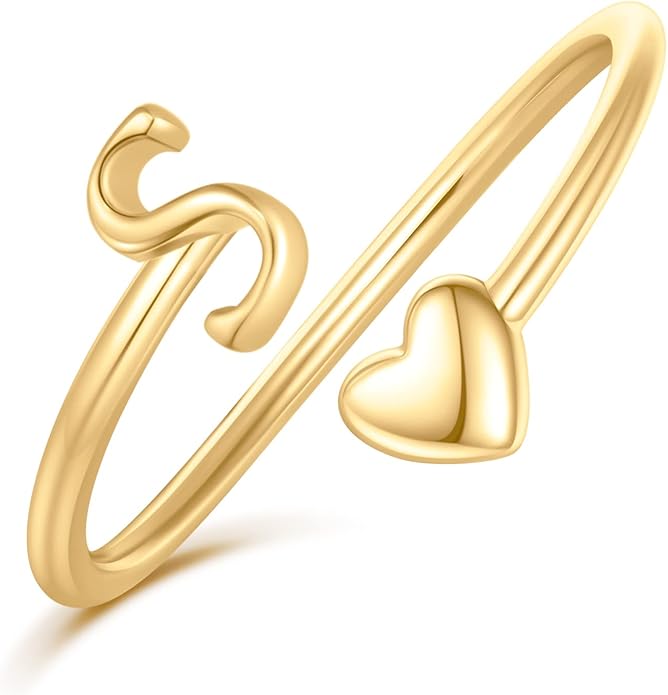 Initial Rings for Women Girls - Valentines Day Gifts for Her, Adjustable Rings for Women Non Tarnish Letter A-Z Dainty Heart Ring Teen Girls Gifts Trendy Stuff Personalized Jewelry Gift